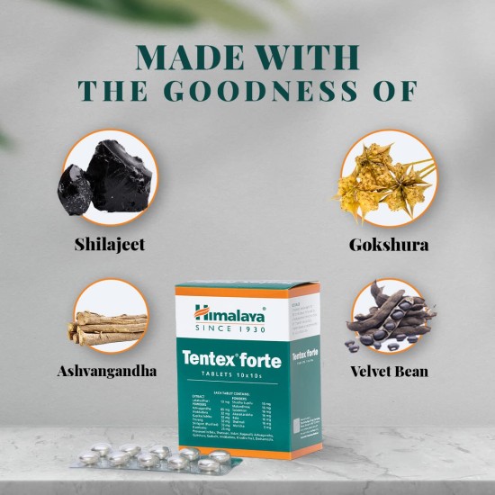 Himalaya Ayurvedic Herbal Tentex Forte Tablets - 5 Strips x 10 = 50 Tabs | Improves Power, Strength & Stamina | Himalya