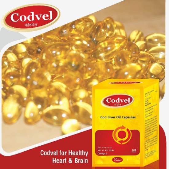 Codvel Cod Liver Fish Oil Capsules With Vitamin A, Vitamin D and Omega 3 - for Immunity Booster, Weekness, Muscle Strength, Brain Development - Pack of 2 (100 Capsules in each)