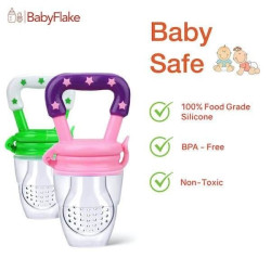 Infant Squeezy Food Grade Silicone Bottle Spoon Feeder Used for Semi Solid Food + Fresh Fruit Vegetable Food Nipple Nibbler + Soft Attractive Silicone Teether | BPA Free Set for Babies/Toddlers | Multi-Designs/Color | Combo of 3