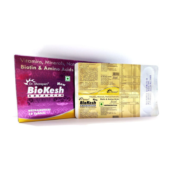 Dr. Morepen Biokesh Advanced Tablet | Hair Skin Nails Biotin 10000mcg Best Hair Growth - Biotin, Amino protien, Vitamins, Hairfall, Hair Loss, Baldness Natural Extracts & Minerals for Fuller Thicker Hairs - 10 Tablets