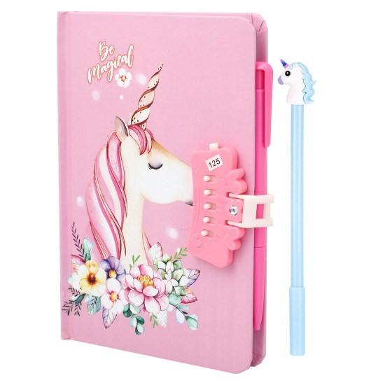 Unicorn Lock Diary for Girl Unicorn Fur Pouch with Water Glitter pens, Unicorn Pencil, and Lollipop Eraser Stationery Set for Girls - 5 Pieces Set