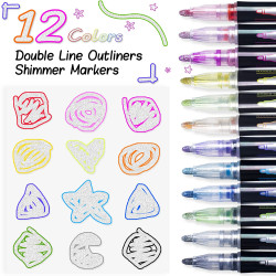 Double Line Chisel Point Outline Pens, 12 Colors Self-Outline Metallic Markers Glitter Writing Drawing Pens Stationery for Gift Card Writing,Drawing Pens for Birthday Greeting,Scrap Booking