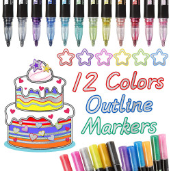 Double Line Outline Pens 12 Colors Self-Outline Metallic Marker Pens for Gifting Card Writing Birthday Greeting Scrap Booking DIY Art Crafts