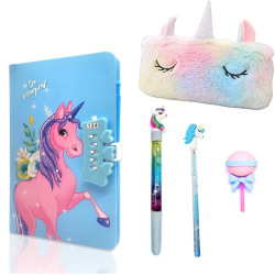 Unicorn Lock Diary for Girl Unicorn Fur Pouch with Water Glitter pens, Unicorn Pencil, and Lollipop Eraser Stationery Set for Girls - 5 Pieces Set