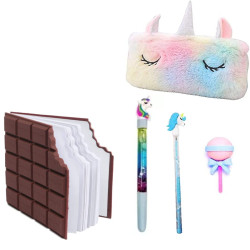 Chocolate Diary for Girl Unicorn Fur Pouch with Water Glitter pens, Unicorn Pencil, and Lollipop Eraser Stationery Set for Girls - 5 Pieces Set