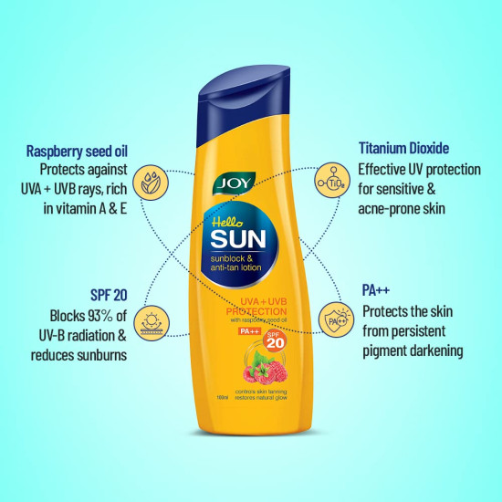 Joy Hello Sun Sunblock & Anti-Tan Lotion with UVA+UVB Protection Sunscreen SPF 20 PA++ 100 ml