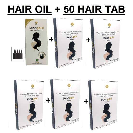 KeshGold Ayurvedic Hair Oil 120 ml | For Hair Fall Control and Hair Growth With Oiling Comb + Kesh Gold 50 Tablets with Biotin, Amino Acid, Vitamins and Natural Extracts Formula for Healthy Hair | Combo of 1+5 | King for Hair Care