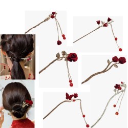 2-Pc RANDOM Rose Flower Hair stick Chinese Style Flocked Flowers Hair Sticks Metal Leaves Pearl Tassel Hairpin Pendant Hair Accessories for Women Girls