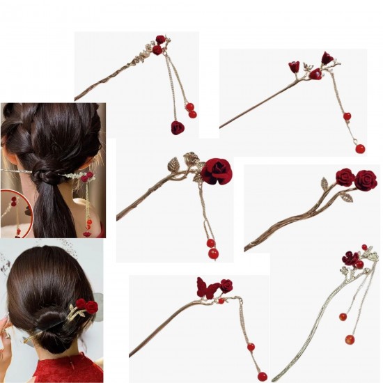 2-Pc RANDOM Rose Flower Hair stick Chinese Style Flocked Flowers Hair Sticks Metal Leaves Pearl Tassel Hairpin Pendant Hair Accessories for Women Girls