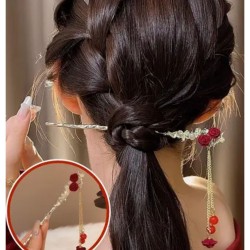 2-Pc RANDOM Rose Flower Hair stick Chinese Style Flocked Flowers Hair Sticks Metal Leaves Pearl Tassel Hairpin Pendant Hair Accessories for Women Girls