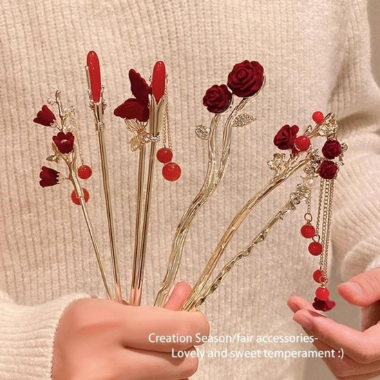 2-Pc RANDOM Rose Flower Hair stick Chinese Style Flocked Flowers Hair Sticks Metal Leaves Pearl Tassel Hairpin Pendant Hair Accessories for Women Girls