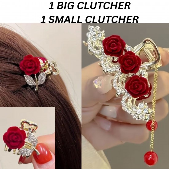 Rose with Faux Pearl Tassels Hair Claw Clips Alloy Elegant Hair Accessory for Women, High-End Grip Back-Head Hairpin Shinning High Ponytail Hair Jaw Clip For Women And Girl