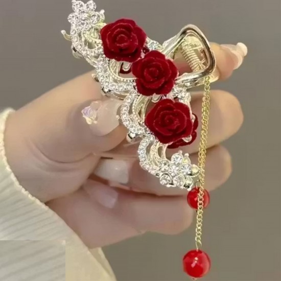 Rose with Faux Pearl Tassels Hair Claw Clips Alloy Elegant Hair Accessory for Women, High-End Grip Back-Head Hairpin Shinning High Ponytail Hair Jaw Clip For Women And Girl