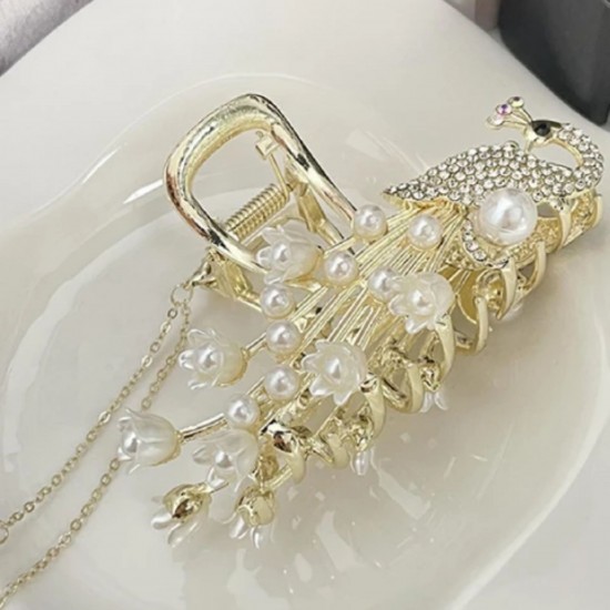 Rhinestone Peacock Metal Hair Claw Clip Pearl Claw Clip Ponytail Shark Clip Juda Jaw Bunn Barrette Hair Accessories For Women And Girls MAYIR CLIP/ JADAI CLIP/ JATTU CLIP/ HEIR CLAW