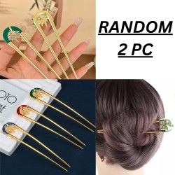 2 PC Random Colour Leaf shaped design with diamond inlays any hairstyle | Hair U Stick Prong Chopstick | KONDAI KUCHI/ KOPPU PIN/ TURUBU PIN