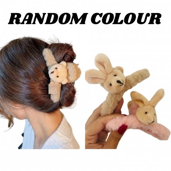 2-Pc RANDOM colour Large Hair Claw Clips Cute Fluffy Plush Bunny Hair Catch Barrette Jaw Clamp Strong Hold Half Bun Thick Thin Curly Hair Accessories For Women & Girls MAYIR CLIP/ JADAI CLIP/ JATTU CLIP/ HEIR CLAW/ GOTTAMU/ HEIR KLIP/ KLIP