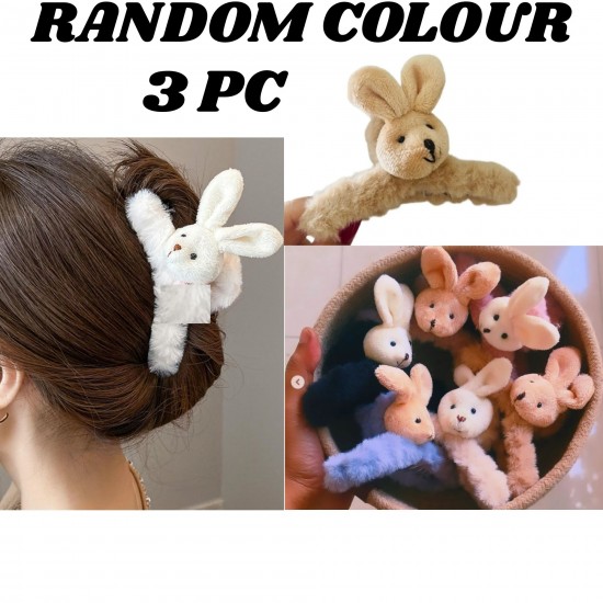 3-Pc RANDOM colour Large Hair Claw Clips Cute Fluffy Plush Bunny Hair Catch Barrette Jaw Clamp Strong Hold Half Bun Thick Thin Curly Hair Accessories For Women & Girls MAYIR CLIP/ JADAI CLIP/ JATTU CLIP/ HEIR CLAW/