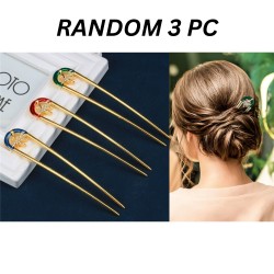 3-PC Random Colour Leaf shaped design with diamond inlays any hairstyle | Hair U Stick Prong Chopstick | KONDAI KUCHI/ KOPPU PIN/ TURUBU PIN/ KOONTHAL KUCHI