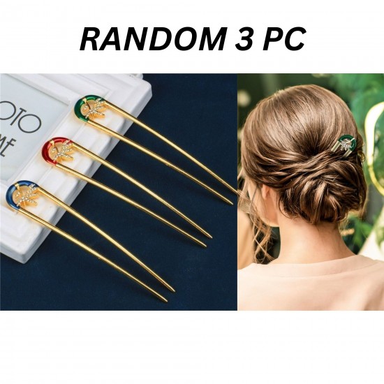 3-PC Random Colour Leaf shaped design with diamond inlays any hairstyle | Hair U Stick Prong Chopstick | KONDAI KUCHI/ KOPPU PIN/ TURUBU PIN/ KOONTHAL KUCHI