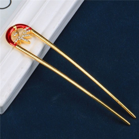 3-PC Random Colour Leaf shaped design with diamond inlays any hairstyle | Hair U Stick Prong Chopstick | KONDAI KUCHI/ KOPPU PIN/ TURUBU PIN/ KOONTHAL KUCHI