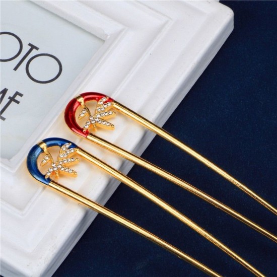 3-PC Random Colour Leaf shaped design with diamond inlays any hairstyle | Hair U Stick Prong Chopstick | KONDAI KUCHI/ KOPPU PIN/ TURUBU PIN/ KOONTHAL KUCHI