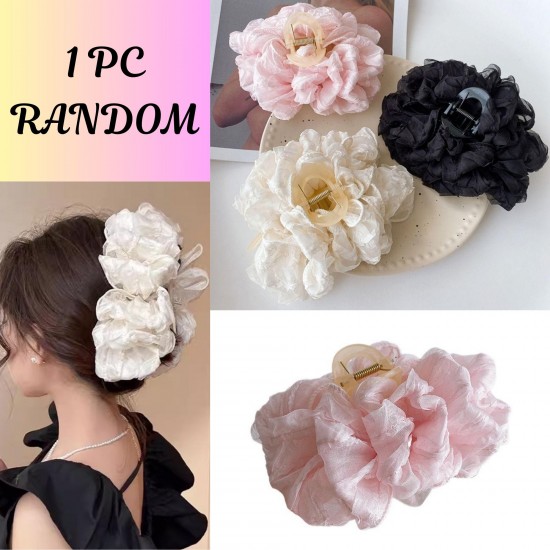 1-Pc RANDOM Bow Hair Claw Clips for PVC Clip Thick Hair Organza Bow Clips Lace Flower Bow Clip Large Claw Clips French Barrettes Aesthetic Hair Accessories for Women Girls