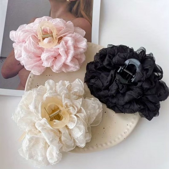 2-Pc RANDOM Large Chiffon Claw,Clip Hair Bow Large Size Clutcher Bow Hair Claw Clips for PVC Clip Thick Hair Organza Bow Clips Lace Flower Bow Clip Large Claw Clips French Barrettes Aesthetic Hair Accessories for Women Girls