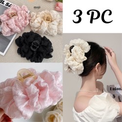 3-Pc RANDOM Large Chiffon Claw,Clip Hair Bow Large Size Clutcher Bow Hair Claw Clips for PVC Clip Thick Hair Organza Bow Clips Lace Flower Bow Clip Large Claw Clips French Barrettes Aesthetic Hair Accessories for Women Girls