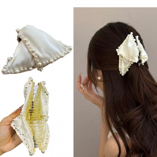 1-Pc WHITE Pearl Satine Fabric Clutcher Korean Fashionable Fancy Stylish Large Pearl Hair Claw Clips Long Hair Jaw Clips Clutches Barrettes Hair Accessories for Women and Girls
