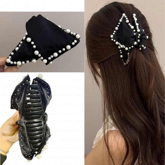 1-Pc BLACK Pearl Satine Fabric Clutcher Korean Fashionable Fancy Stylish Large Pearl Hair Claw Clips Long Hair Jaw Clips Clutches Barrettes Hair Accessories for Women and Girls
