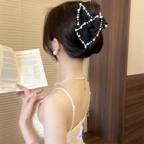 1-Pc BLACK Pearl Satine Fabric Clutcher Korean Fashionable Fancy Stylish Large Pearl Hair Claw Clips Long Hair Jaw Clips Clutches Barrettes Hair Accessories for Women and Girls