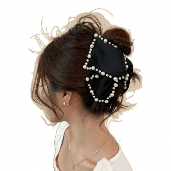 1-Pc BLACK Pearl Satine Fabric Clutcher Korean Fashionable Fancy Stylish Large Pearl Hair Claw Clips Long Hair Jaw Clips Clutches Barrettes Hair Accessories for Women and Girls