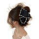 1-Pc BLACK Pearl Satine Fabric Clutcher Korean Fashionable Fancy Stylish Large Pearl Hair Claw Clips Long Hair Jaw Clips Clutches Barrettes Hair Accessories for Women and Girls