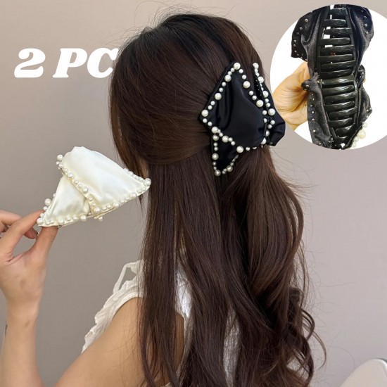 2-COMBO Pearl Satine Fabric Clutcher Korean Fashionable Fancy Stylish Large Pearl Hair Claw Clips Long Hair Jaw Clips Clutches Barrettes Hair Accessories for Women and Girls