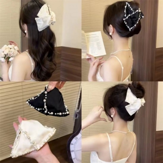 2-COMBO Pearl Satine Fabric Clutcher Korean Fashionable Fancy Stylish Large Pearl Hair Claw Clips Long Hair Jaw Clips Clutches Barrettes Hair Accessories for Women and Girls