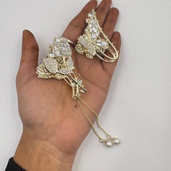 2-Pc Rhinestone Korean Golden Stone Small Metal Hair Clip/Hair Claw/Clutcher/Back pin for Wedding/Trending Hair Accessories for girls & Women MAYIR CLIP/ JADAI CLIP/ JATTU CLIP/ HEIR CLAW/ GOTTAMU