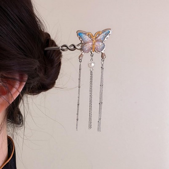 1 - Pc Butterfly Hair Stick | Traditional Chinese Style Hairpin with Dangling Pearl Chains | Elegant Bun Holder for Weddings, Festivals & Daily Styling For Women And Girls