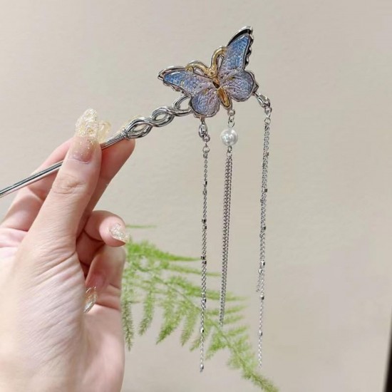 1 - Pc Butterfly Hair Stick | Traditional Chinese Style Hairpin with Dangling Pearl Chains | Elegant Bun Holder for Weddings, Festivals & Daily Styling For Women And Girls
