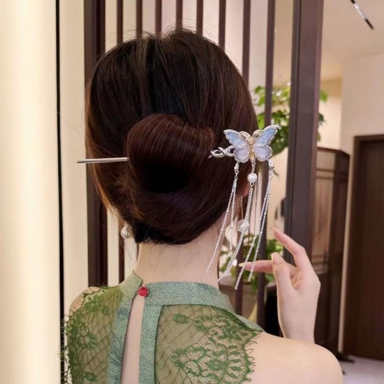 1 - Pc Butterfly Hair Stick | Traditional Chinese Style Hairpin with Dangling Pearl Chains | Elegant Bun Holder for Weddings, Festivals & Daily Styling For Women And Girls