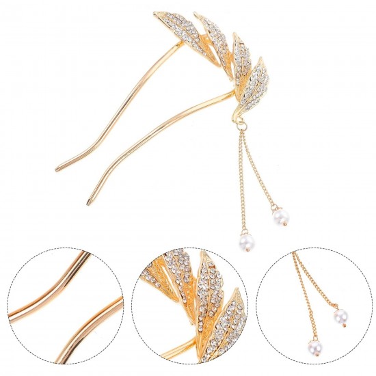 Rhinestone U Shaped Hairpins Tassel Hair Stick | Hair Fork French | Hair Pin | Bun Maker Clip For Girls And Women (GOLDEN)