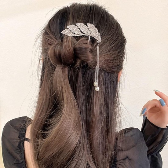 Rhinestone U Shaped Hairpins Tassel Hair Stick | Hair Fork French | Hair Pin | Bun Maker Clip For Girls And Women (GOLDEN)