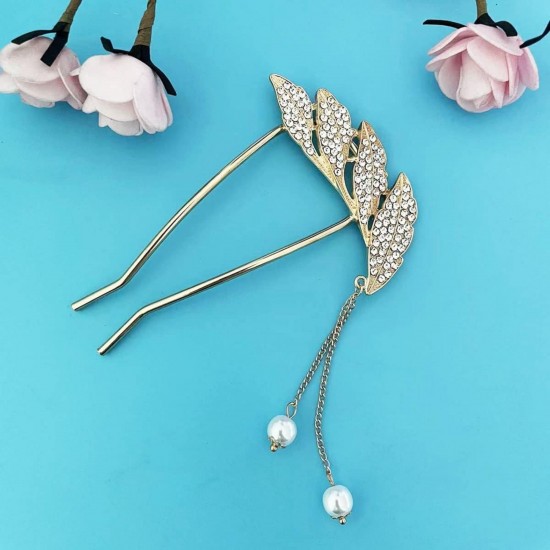 Rhinestone U Shaped Hairpins Tassel Hair Stick | Hair Fork French | Hair Pin | Bun Maker Clip For Girls And Women (GOLDEN)
