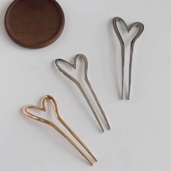 3-Pc RANDOM Colour Metal Heart Shaped Hair Sticks | French Hair Pin | Heart French Stick | French Stick | Hair U Shaped Hair Pins | Hair Fork Elegant Hair Accessories for Women and Girls