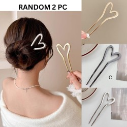 2-Pc RANDOM Colour Metal Heart Shaped Hair Sticks | French Hair Pin | Heart French Stick | French Stick | Hair U Shaped Hair Pins | Hair Fork Elegant Hair Accessories for Women and Girls