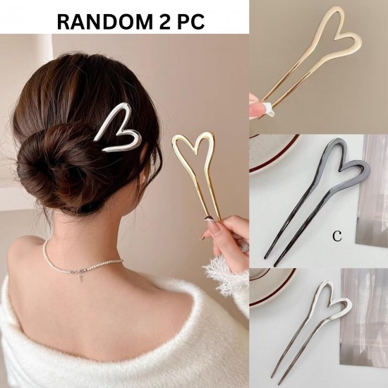 2-Pc RANDOM Colour Metal Heart Shaped Hair Sticks | French Hair Pin | Heart French Stick | French Stick | Hair U Shaped Hair Pins | Hair Fork Elegant Hair Accessories for Women and Girls