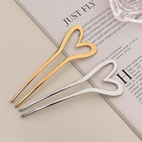 2-Pc RANDOM Colour Metal Heart Shaped Hair Sticks | French Hair Pin | Heart French Stick | French Stick | Hair U Shaped Hair Pins | Hair Fork Elegant Hair Accessories for Women and Girls