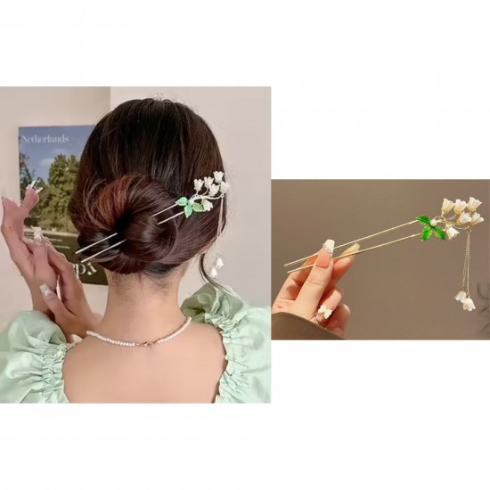 Lily Flower And Green Leaf Hairpin Orchid Tassel,Traditional Hair Fork Hair Chopsticks Metal Hairpin