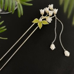 Lily Flower And Green Leaf Hairpin Orchid Tassel,Traditional Hair Fork Hair Chopsticks Metal Hairpin