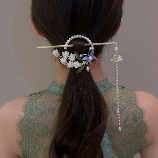 Pearl Pendent Floral Hair Tassel Bun Stick Juda Hair Bun Accessories for Women Girls