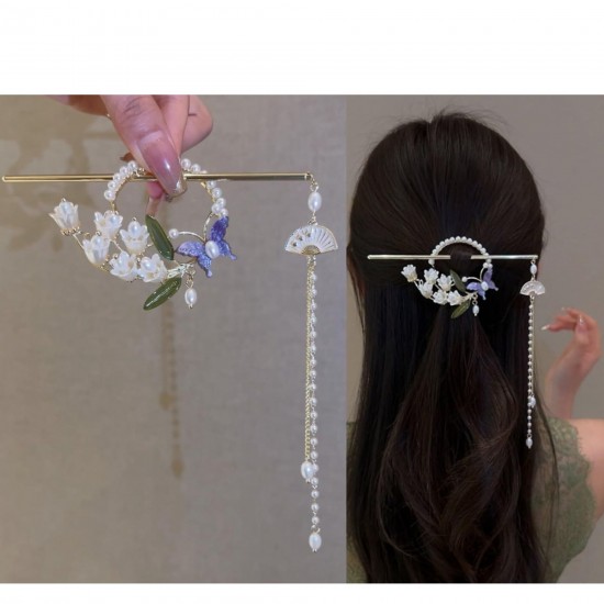 Pearl Pendent Floral Hair Tassel Bun Stick Juda Hair Bun Accessories for Women Girls